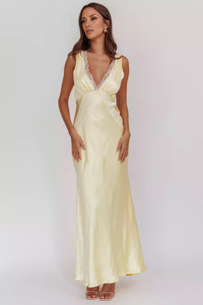 Beautiful lace edge satin super long suspender deep V-neck invisible side zipper Prom Dresses