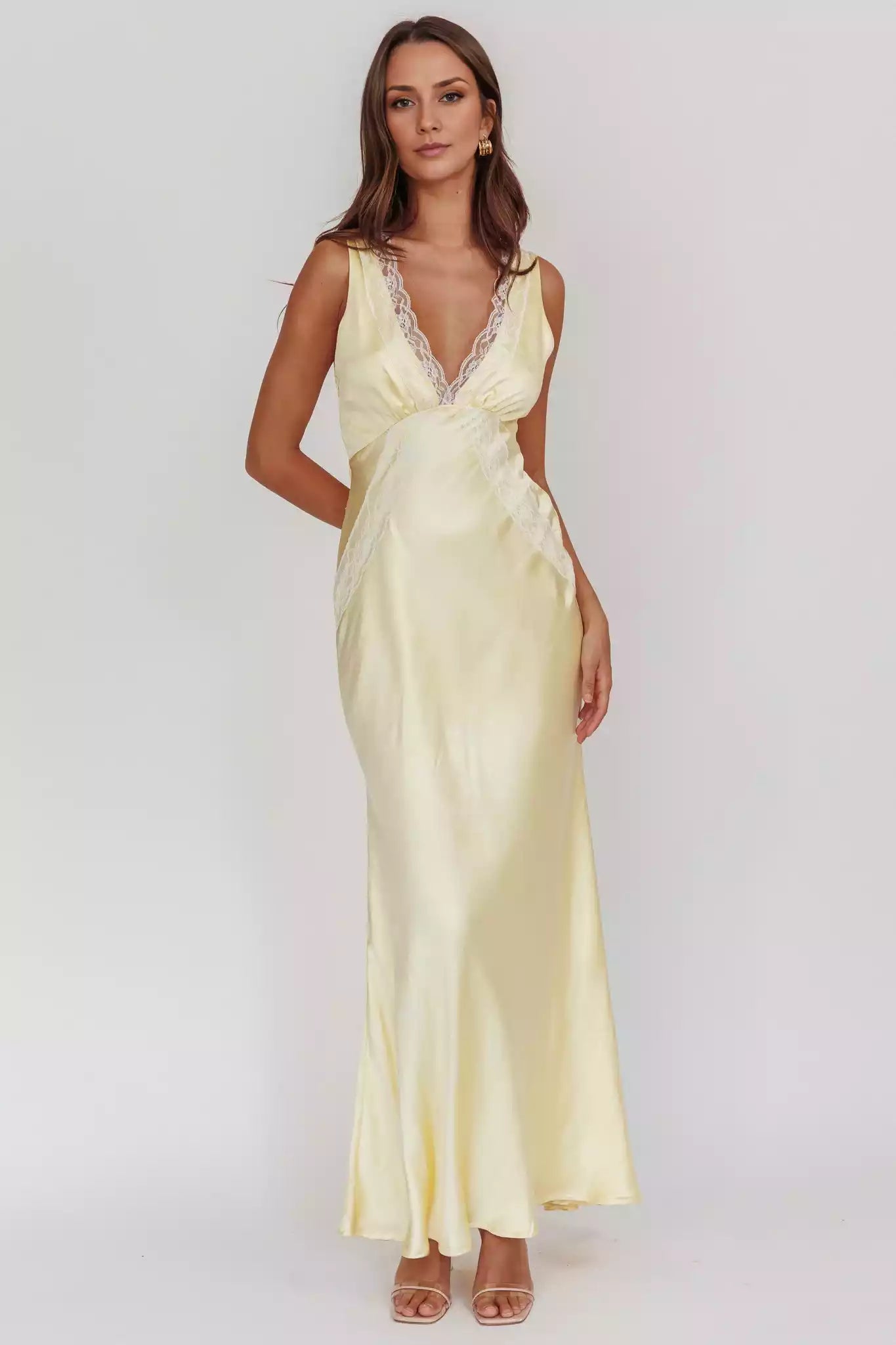 Beautiful lace edge satin super long suspender deep V-neck invisible side zipper Prom Dresses