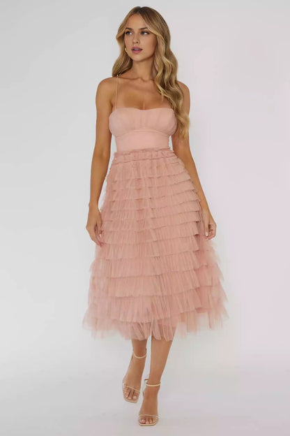 Beautiful mid length fully lined layered ruffle detail strap, with a zipper at the back of the back strap Prom Dresses