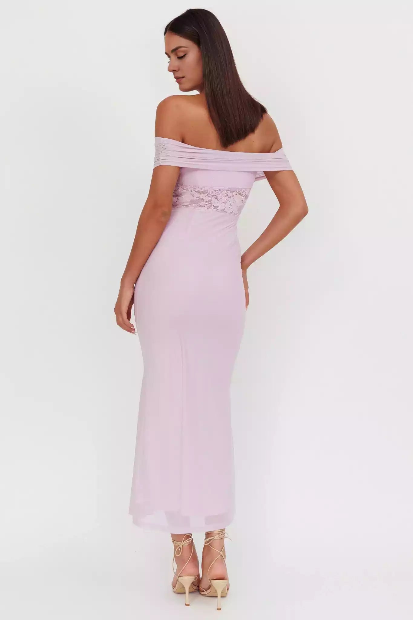 Beautiful off shoulder lace waist with zipper on the side Prom Dresses