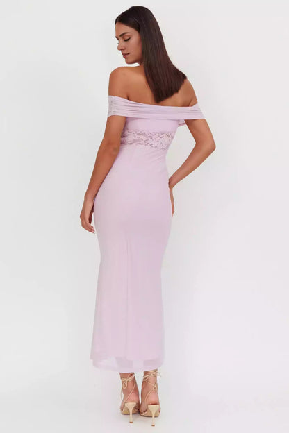 Beautiful off shoulder lace waist with zipper on the side Prom Dresses