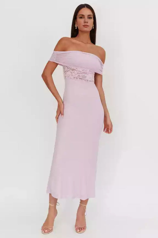 Beautiful off shoulder lace waist with zipper on the side Prom Dresses
