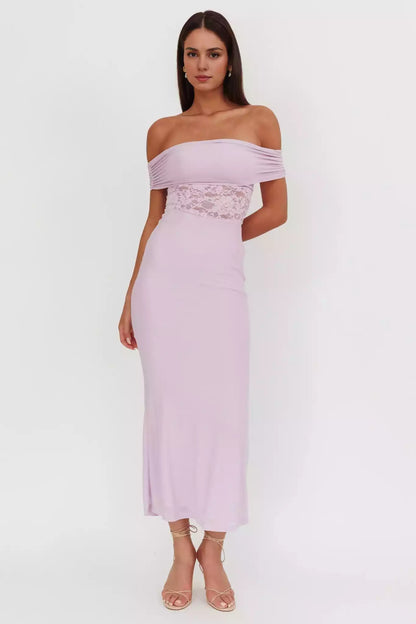 Beautiful off shoulder lace waist with zipper on the side Prom Dresses