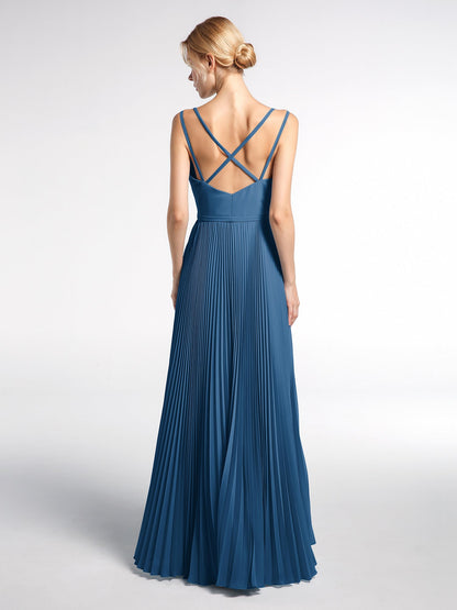 Pleated Skit Double Straps Dress with Self tie Ink Blue