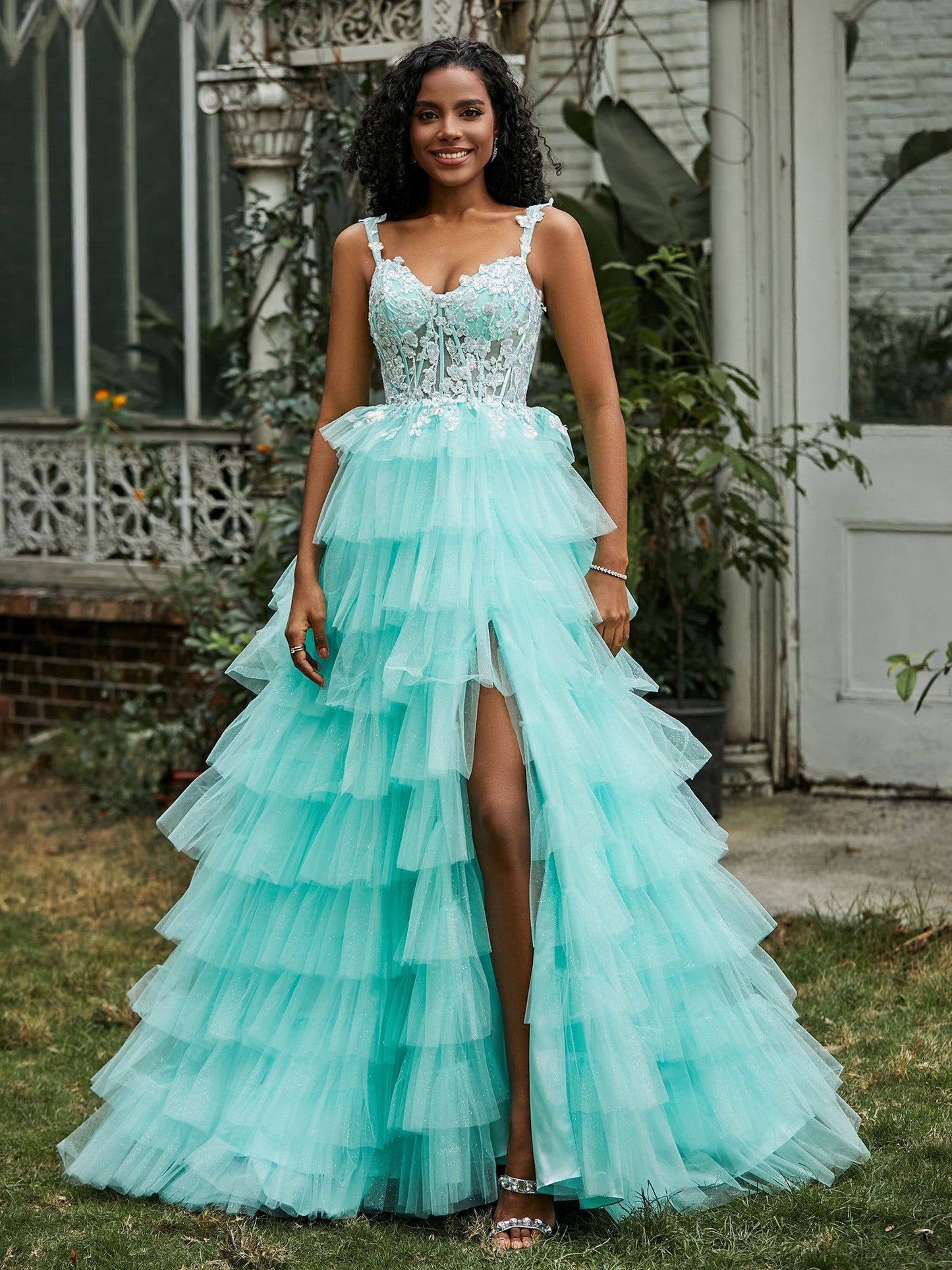 Sweetheart Ruffle Skirt Tiered Tulle Gown With Slit Turquoise