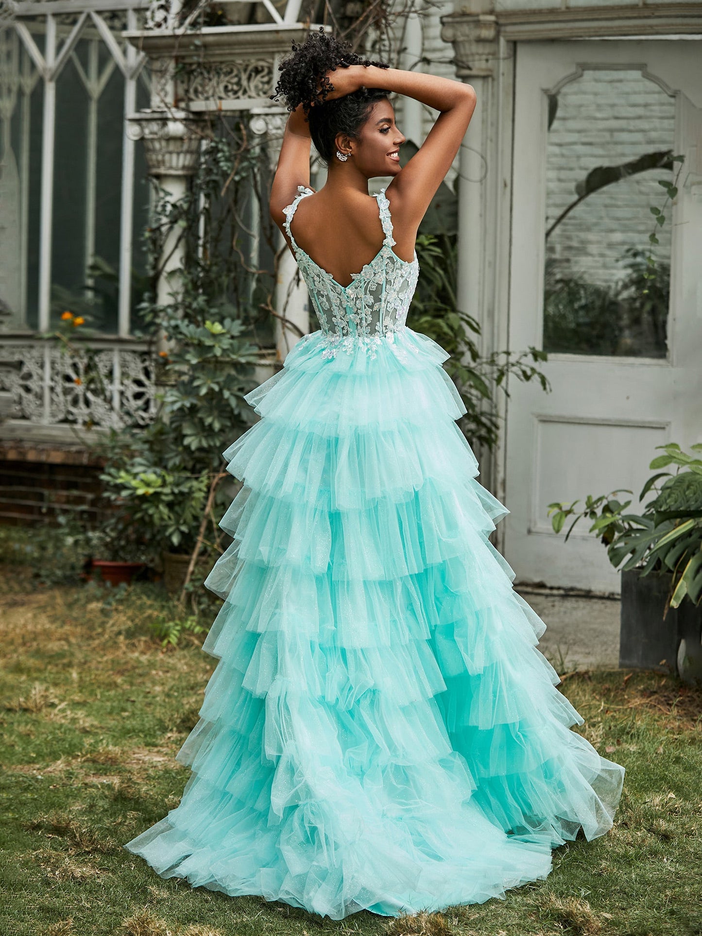 Sweetheart Ruffle Skirt Tiered Tulle Gown With Slit Turquoise