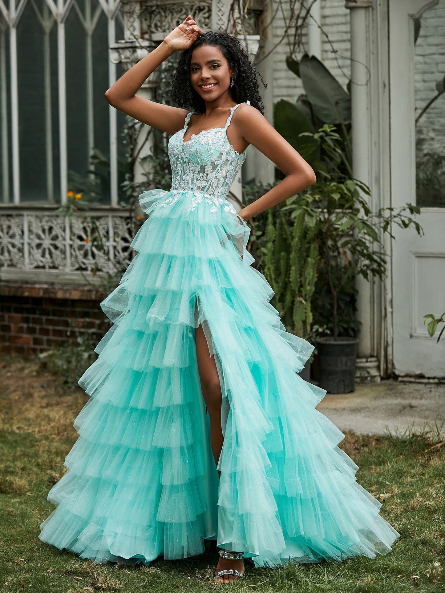 Sweetheart Ruffle Skirt Tiered Tulle Gown With Slit Turquoise
