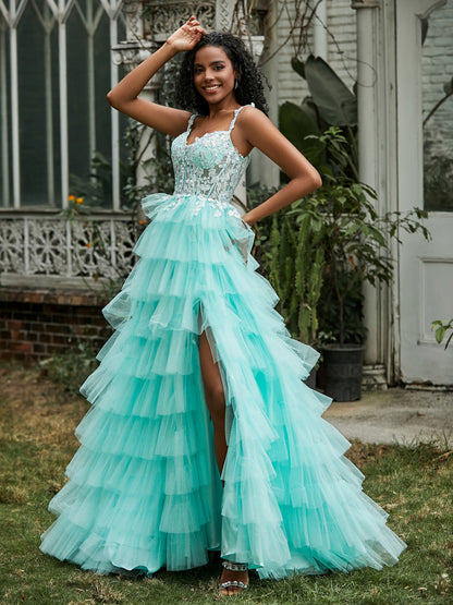 Sweetheart Ruffle Skirt Tiered Tulle Gown With Slit Turquoise