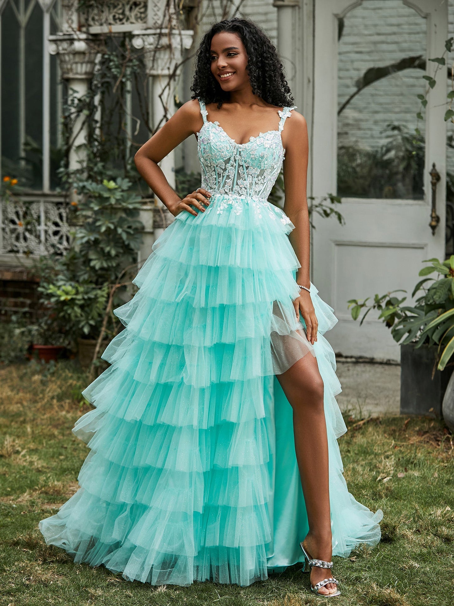 Sweetheart Ruffle Skirt Tiered Tulle Gown With Slit Turquoise