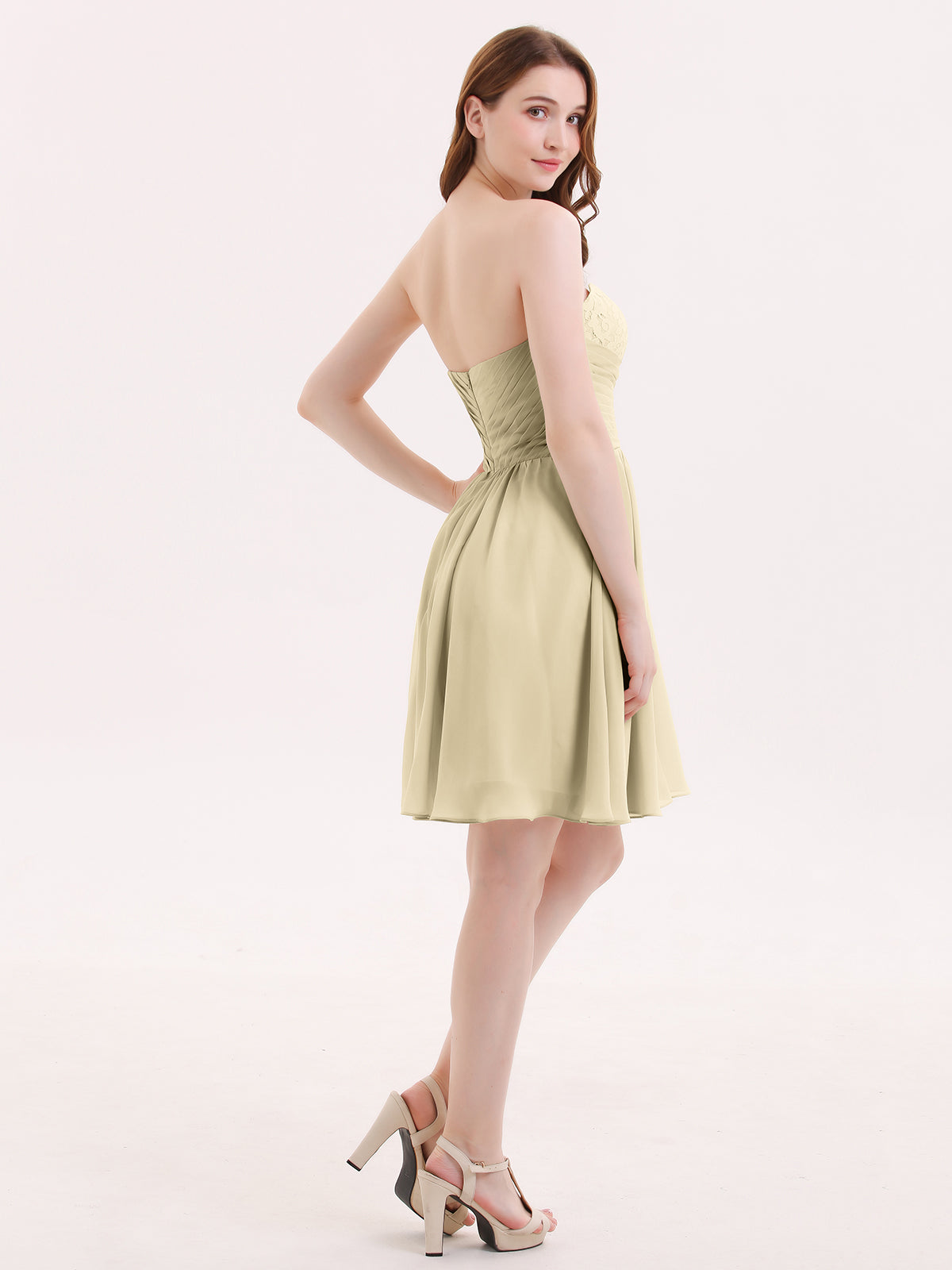 Strapless Short Chiffon Dress with Sweetheart Neck Champagne