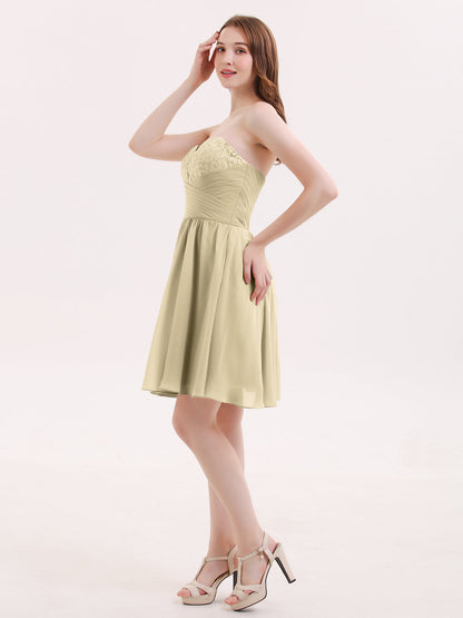 Strapless Short Chiffon Dress with Sweetheart Neck Champagne