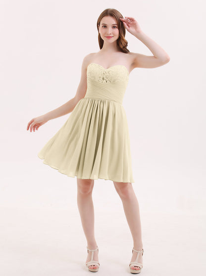 Strapless Short Chiffon Dress with Sweetheart Neck Champagne