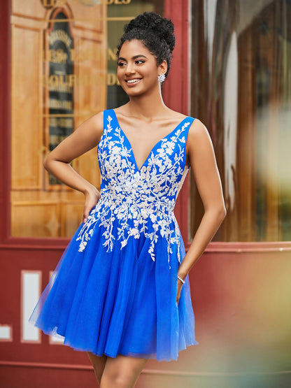 A Line Sleeveless Lace Tulle HOCO Dress Royal Blue