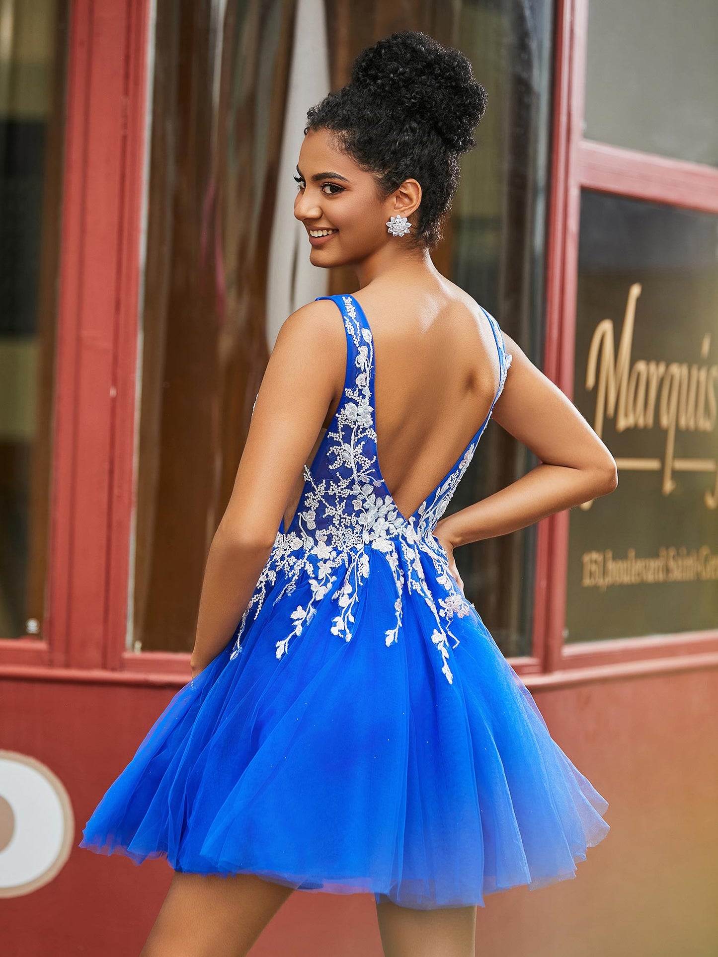 A Line Sleeveless Lace Tulle HOCO Dress Royal Blue