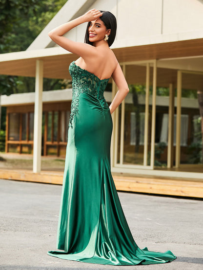 Sweetheart Appliqued Sweep/Brush Train Dress with Slit Dark Green