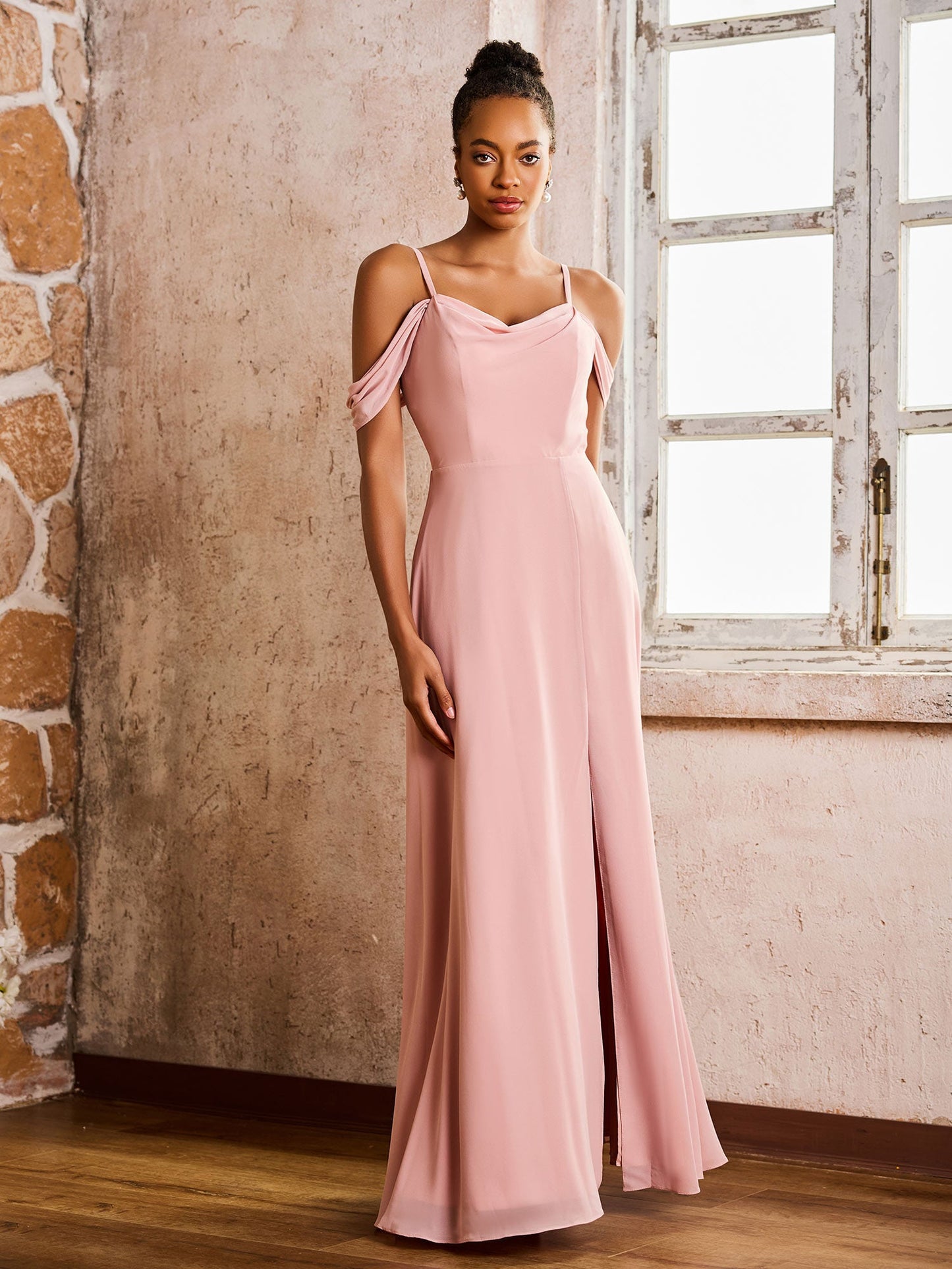 Off-the-shoulder Sheath/Column High Slit Dress with Spaghetti Straps Dusty Rose
