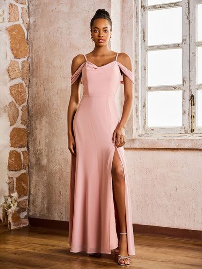 Off-the-shoulder Sheath/Column High Slit Dress with Spaghetti Straps Dusty Rose