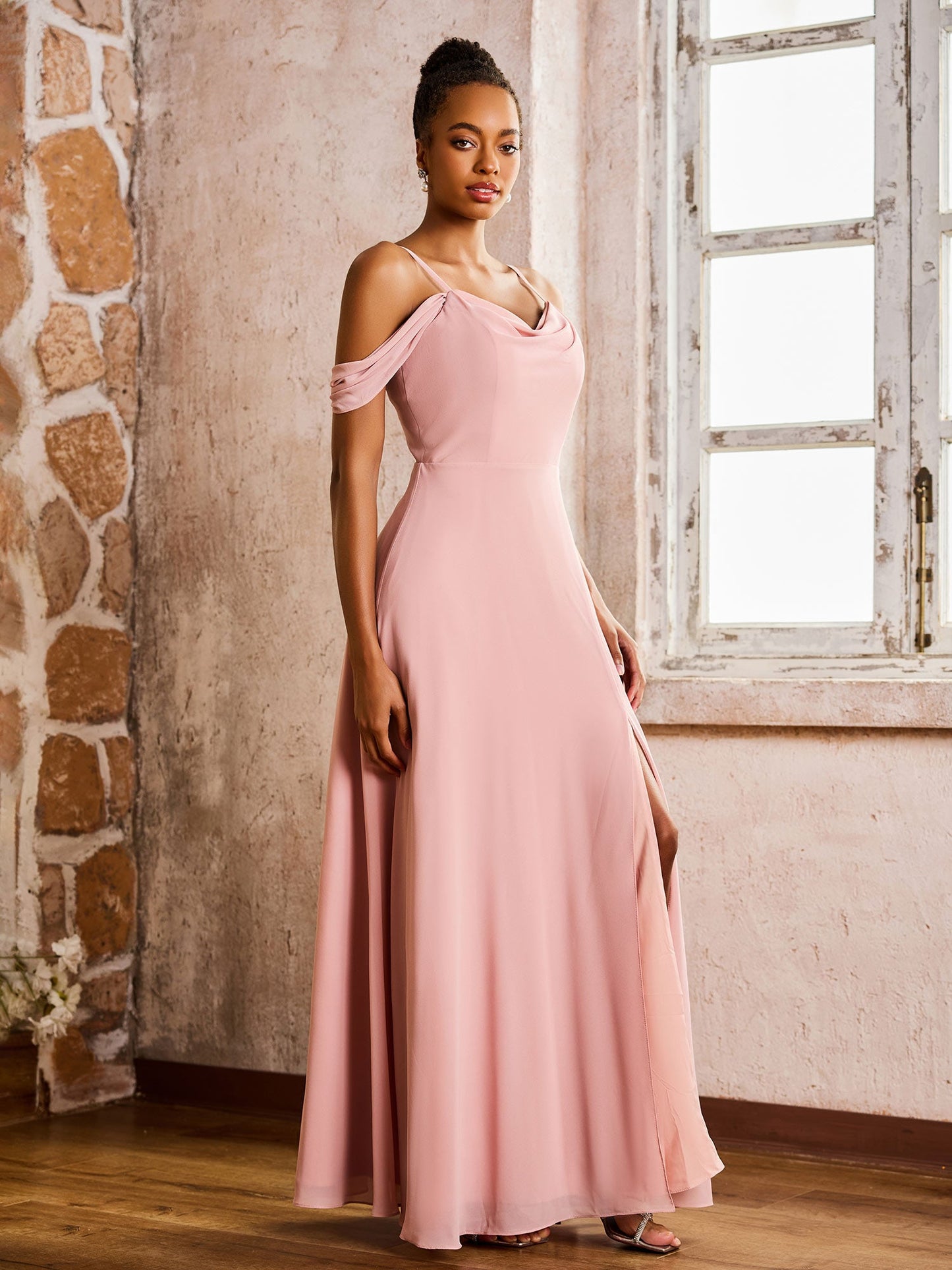 Off-the-shoulder Sheath/Column High Slit Dress with Spaghetti Straps Dusty Rose