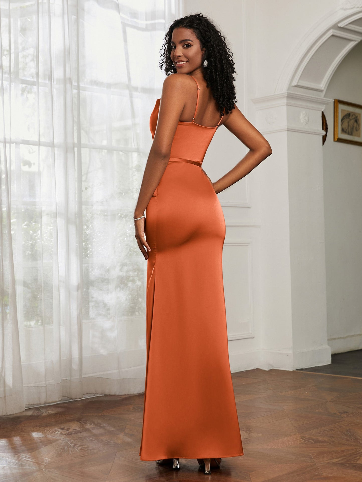 Cowl Neck Mermaid Dress With Sash Rust
