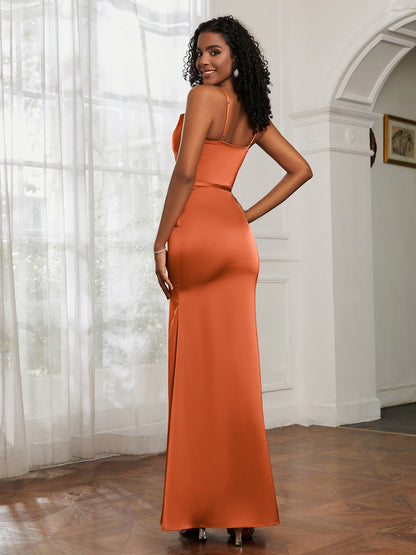 Cowl Neck Mermaid Dress With Sash Rust