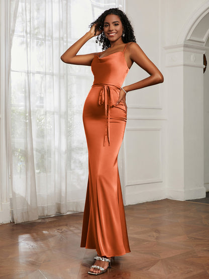 Cowl Neck Mermaid Dress With Sash Rust