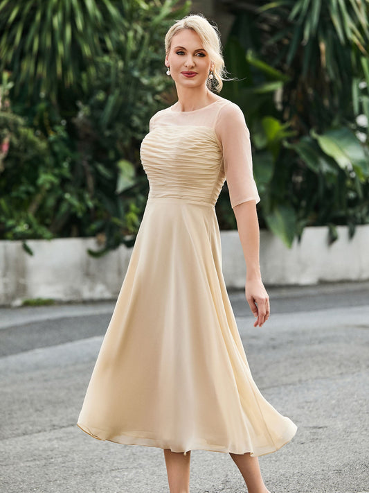 Half Sleeve A-line Tea-length Chiffon Dress Champagne