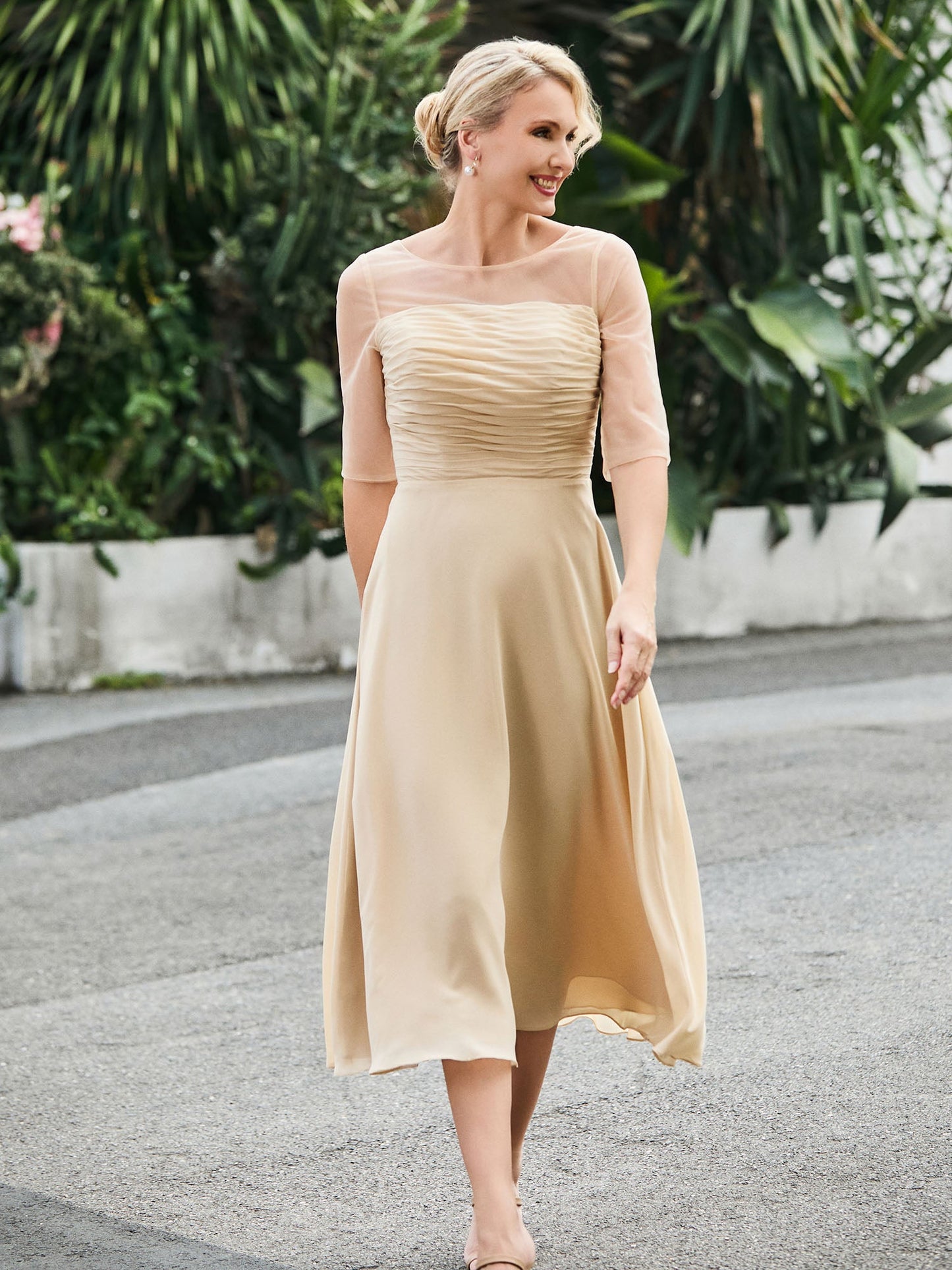 Half Sleeve A-line Tea-length Chiffon Dress Champagne
