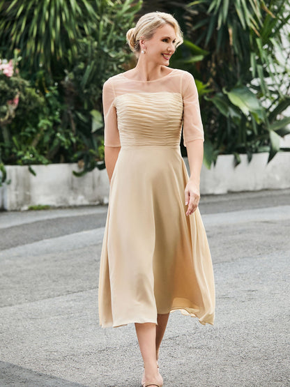 Half Sleeve A-line Tea-length Chiffon Dress Champagne