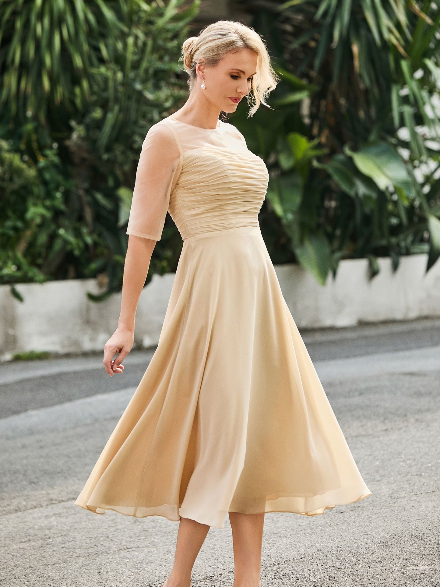 Half Sleeve A-line Tea-length Chiffon Dress Champagne