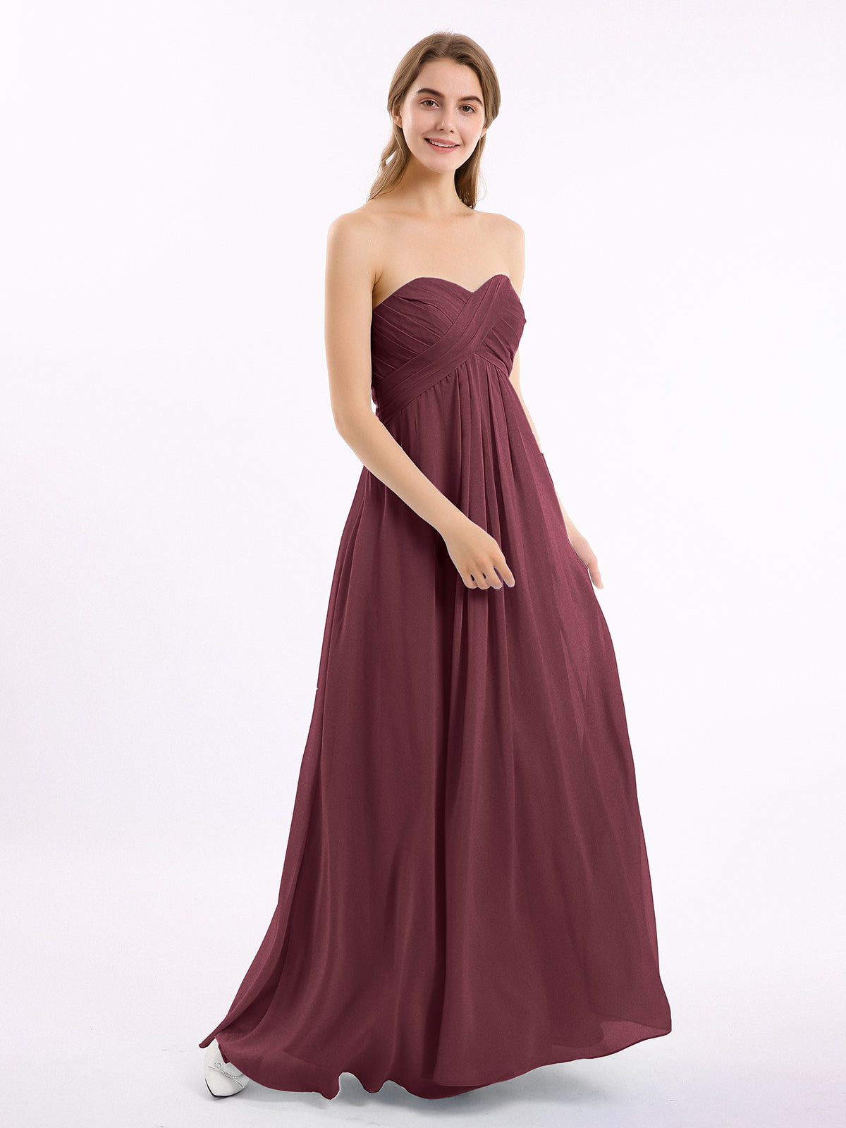 CROSS Pleated Empire Chiffon Dress with Sweetheart Cabernet