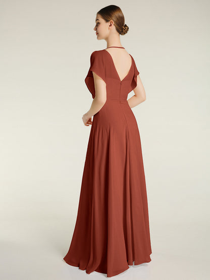 V Neckline Chiffon Maxi Dresses with Slit Rust