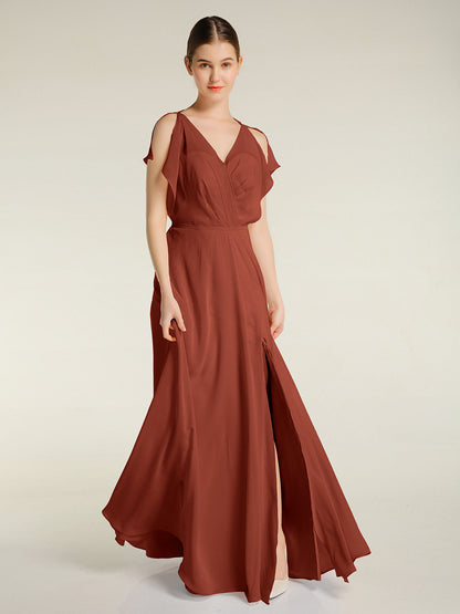 V Neckline Chiffon Maxi Dresses with Slit Rust