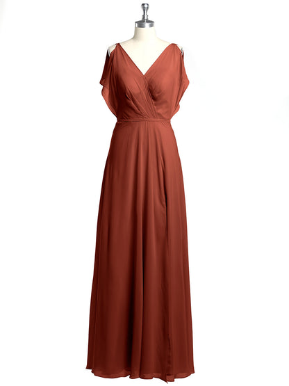 V Neckline Chiffon Maxi Dresses with Slit Rust