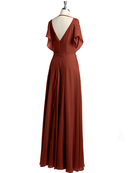 V Neckline Chiffon Maxi Dresses with Slit Rust