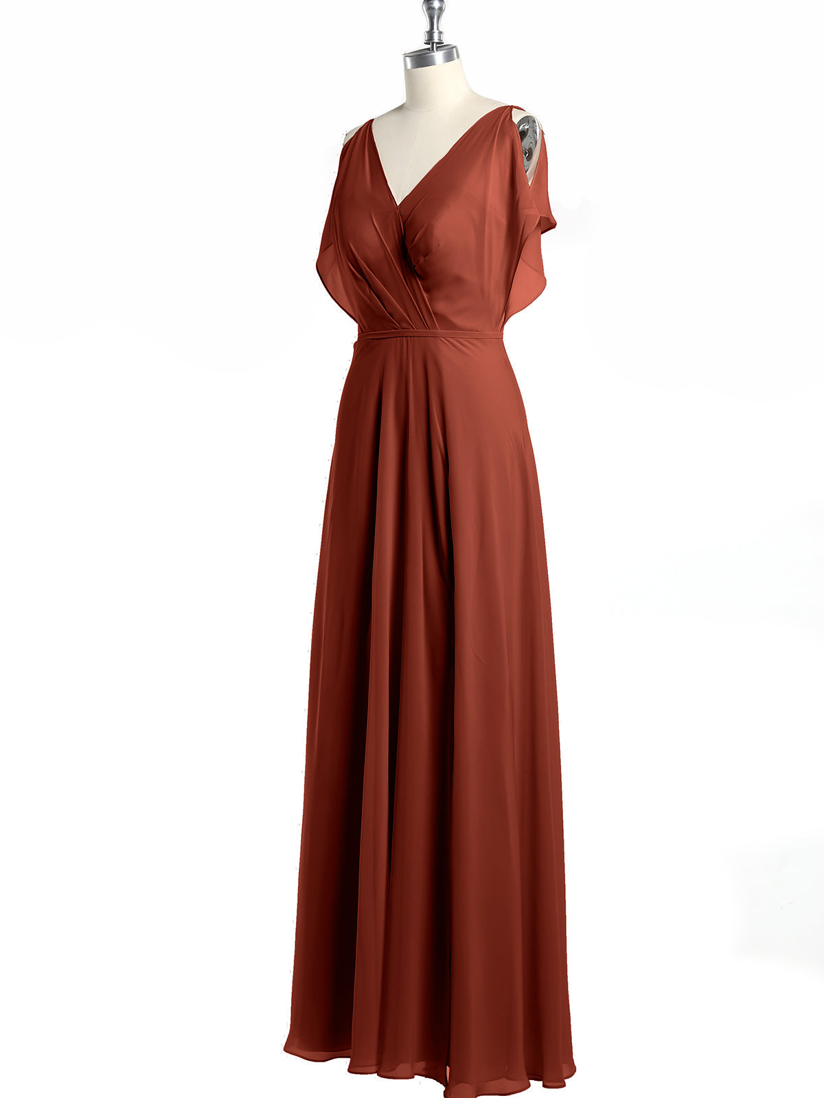 V Neckline Chiffon Maxi Dresses with Slit Rust