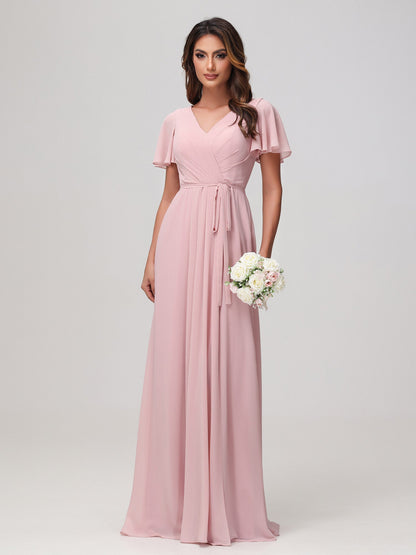 Flutter Sleeves Ruched Chiffon Dress with Sash Dusty Rose