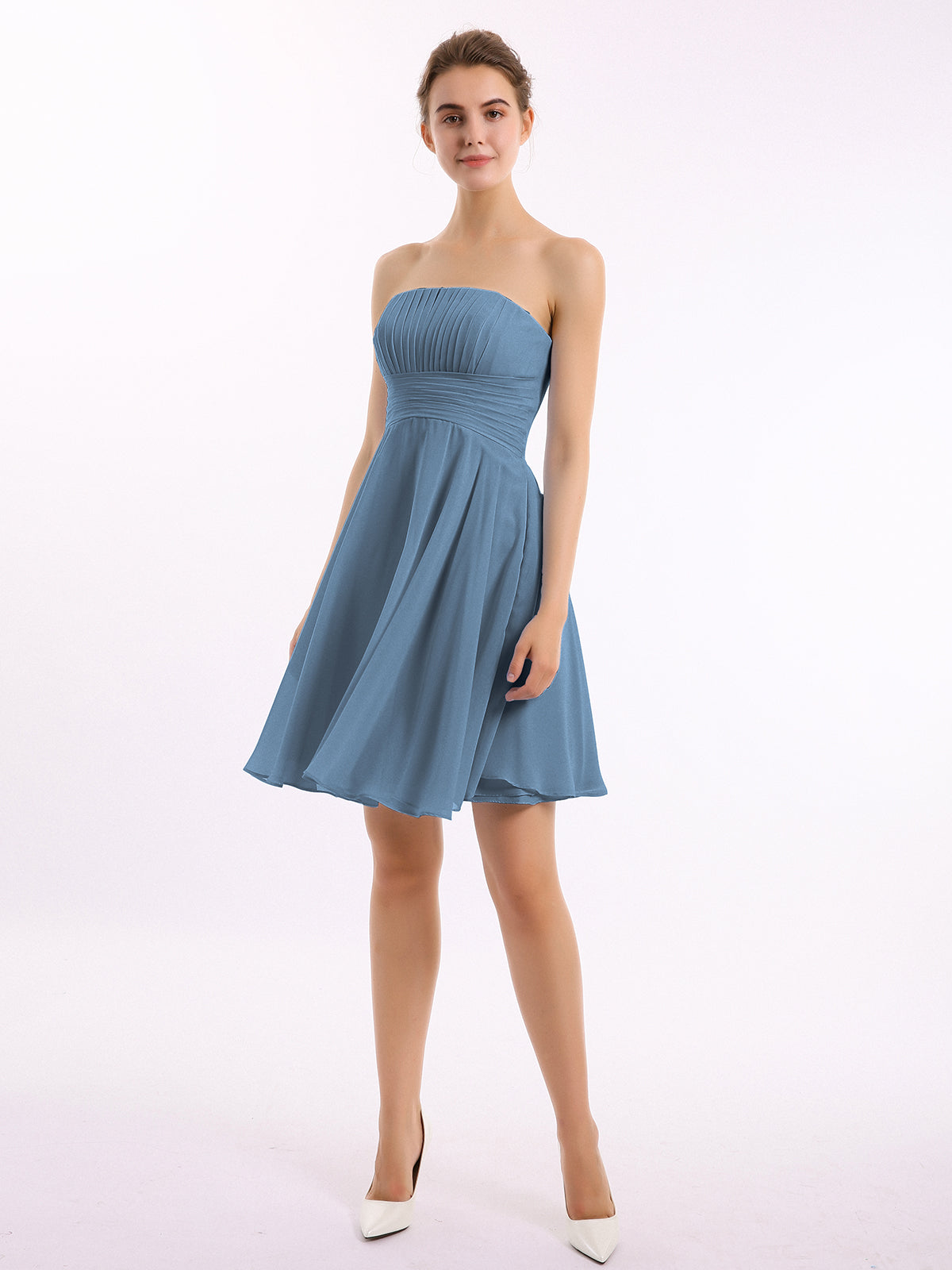 Strapless Chiffon Knee Length Bridesmaid Dress Slate Blue