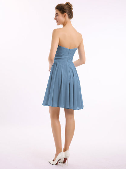 Strapless Chiffon Knee Length Bridesmaid Dress Slate Blue