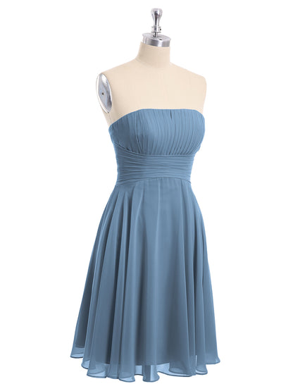 Strapless Chiffon Knee Length Bridesmaid Dress Slate Blue