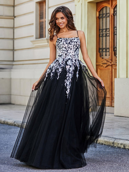 Applique Top Open Back Tulle Lace Dress Black