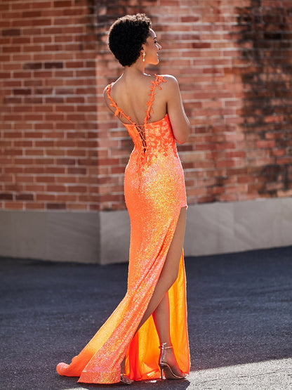 Lace Up Back Mermaid Sequin Gown Orange