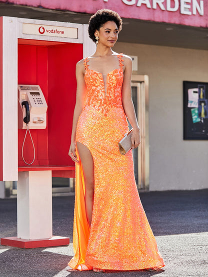 Lace Up Back Mermaid Sequin Gown Orange