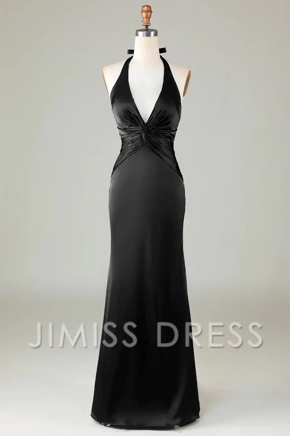 Jimiss-Fish tail hanging neck deep green long satin bridesmaid dress