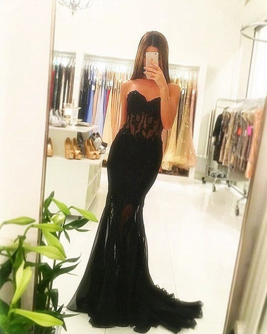 Black Corset Prom Dresses Mermaid Sweetheart Appliques