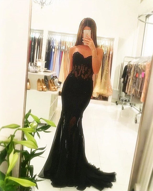 Black Corset Prom Dresses Mermaid Sweetheart Appliques