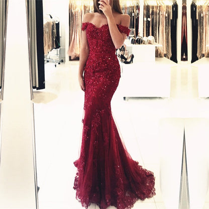 Black Lace Mermaid Prom Dresses Off The Shoulder