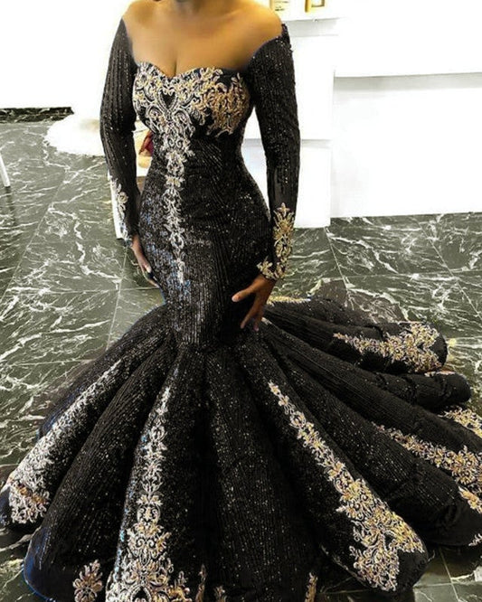 Black Long Sleeve Mermaid Sequin Prom Dresses Gold Lace