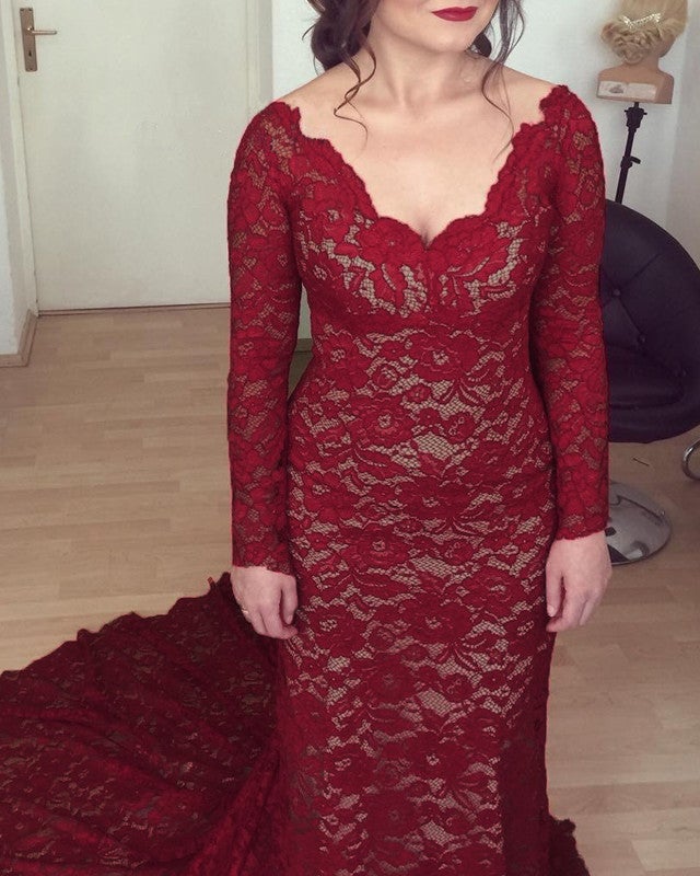 Black Long Sleeve Prom Dress Mermaid Lace V-neck