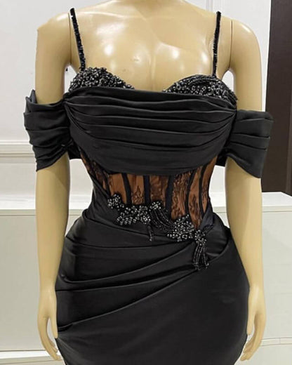 Black Mermaid Corset Prom Dresses Appliques Beaded