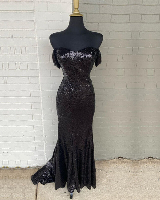 Black Sequin Off Shoulder Mermaid Dresses